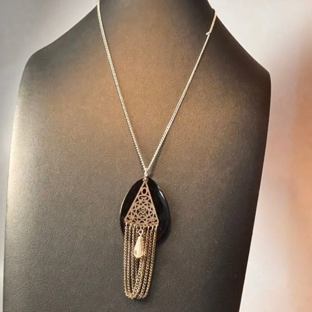 Filigree Tassel Necklace Black Silver Teardrop Goth Whimsygoth Boho Witchy